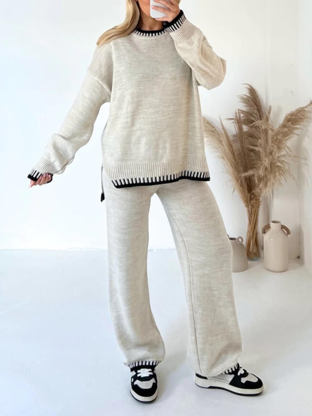 Blanket Stitch Trim Knitted Jumper And Trousers