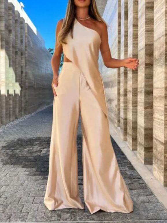 Strapless Asymmetric Drape Wide-Leg Prom Jumpsuit