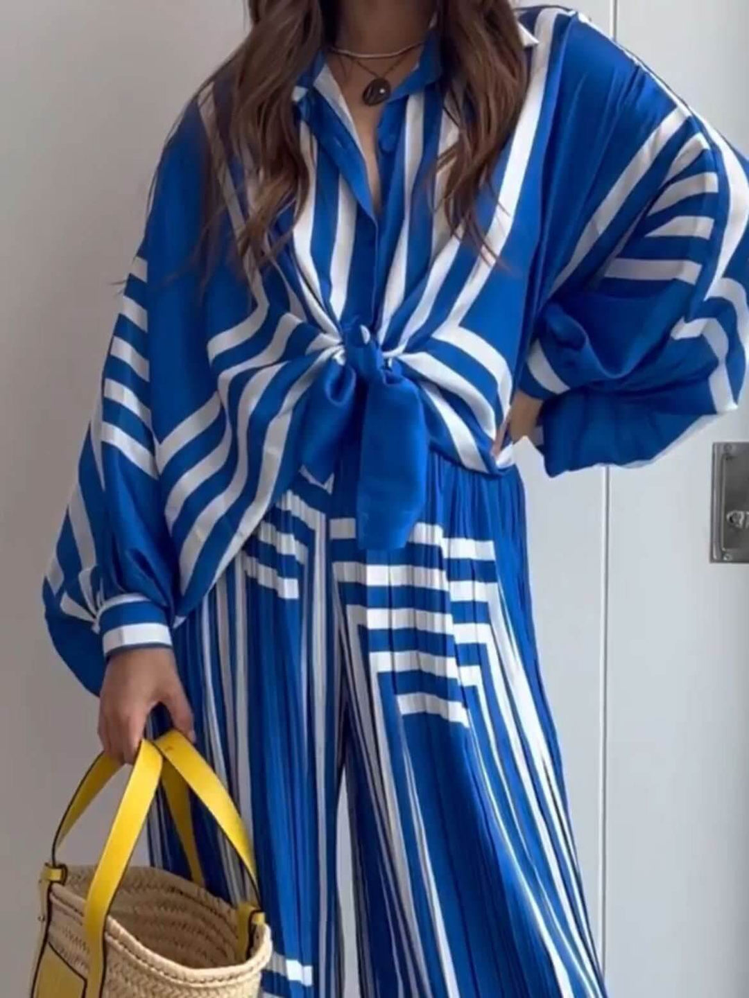 Geometric Striped Print Long Sleeve Shirt & Wide Leg Pants Sets