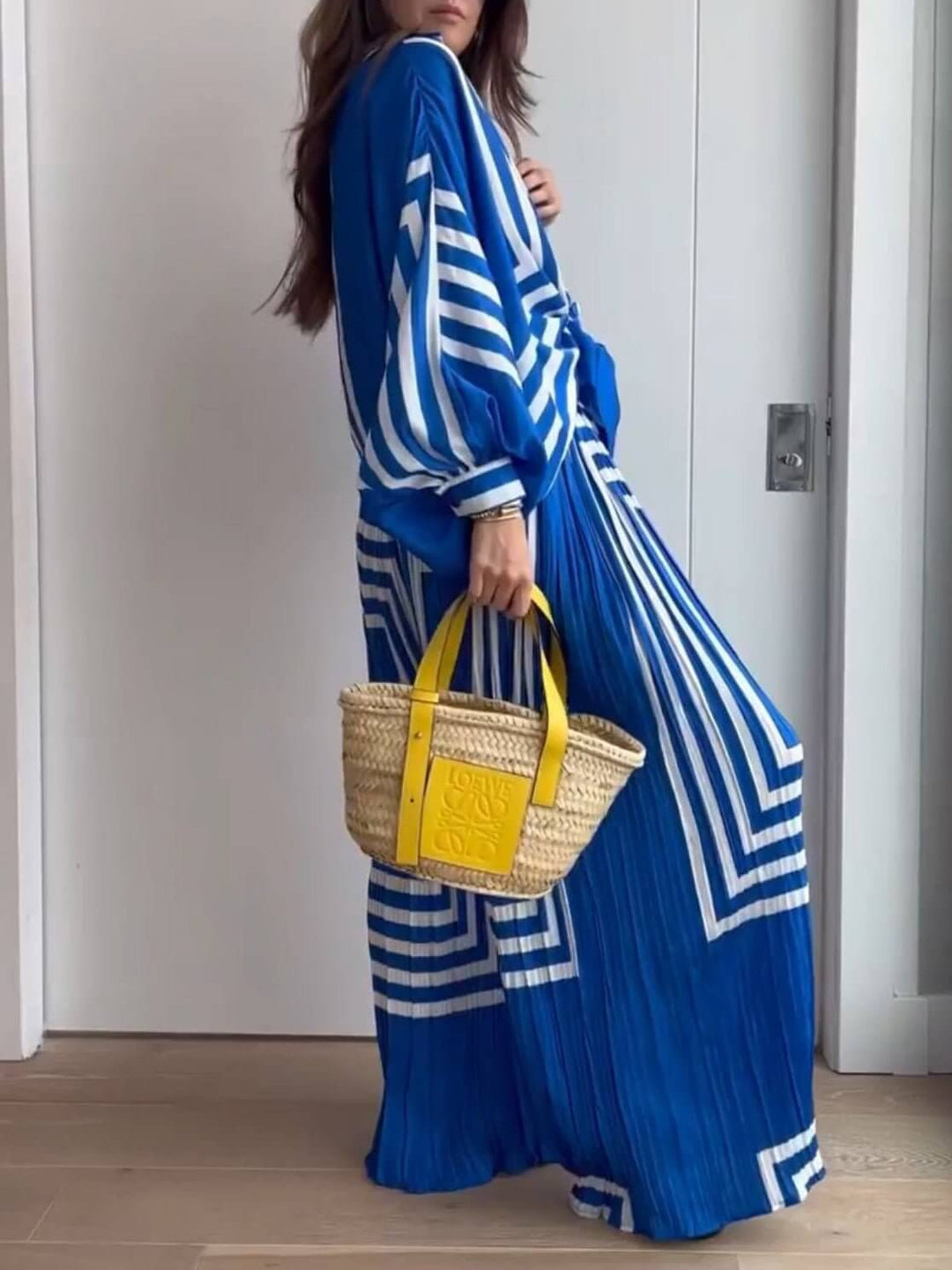 Geometric Striped Print Long Sleeve Shirt & Wide Leg Pants Sets