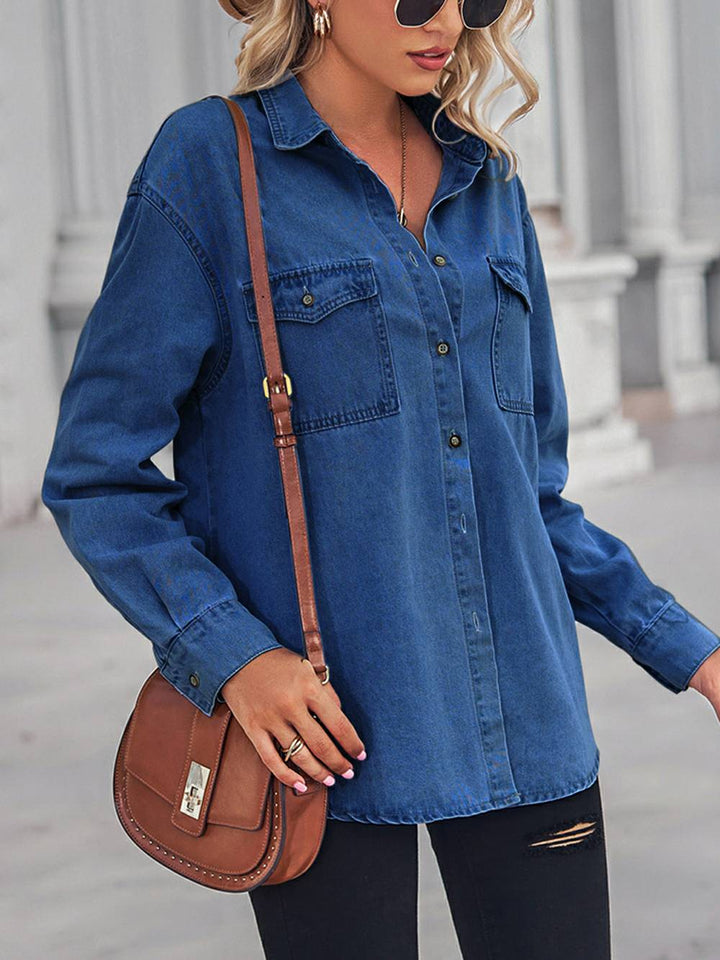 Collared Neck Dropped Shoulder Denim Top- Dark Blue