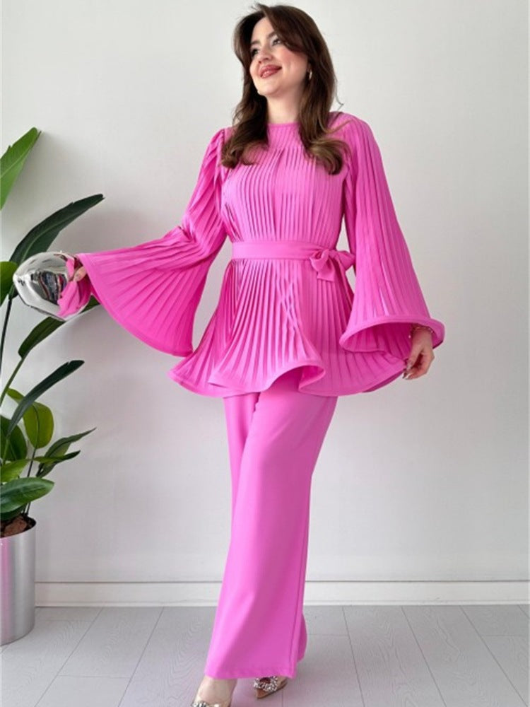 Pleated Flare Tops Pants Set