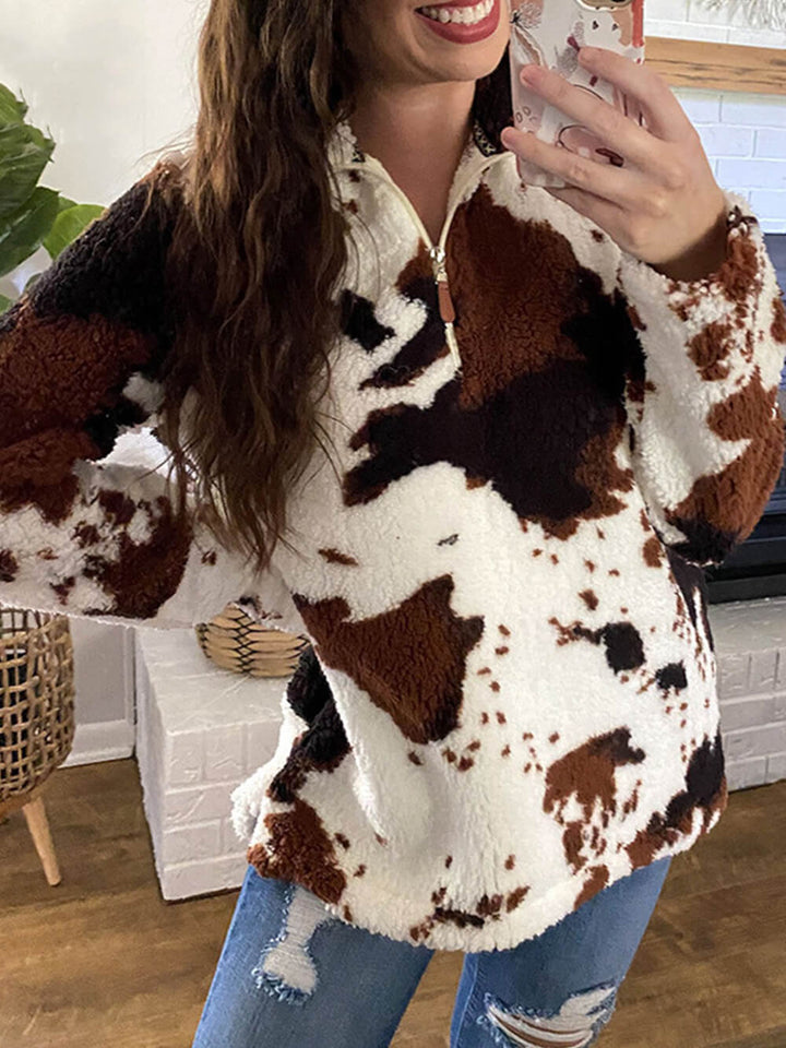 Cow Print Zipper Long Sleeve Pullover Sweatshirt