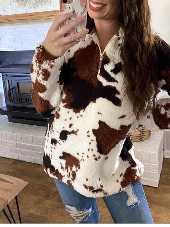 Cow Print Zipper Long Sleeve Pullover Sweatshirt