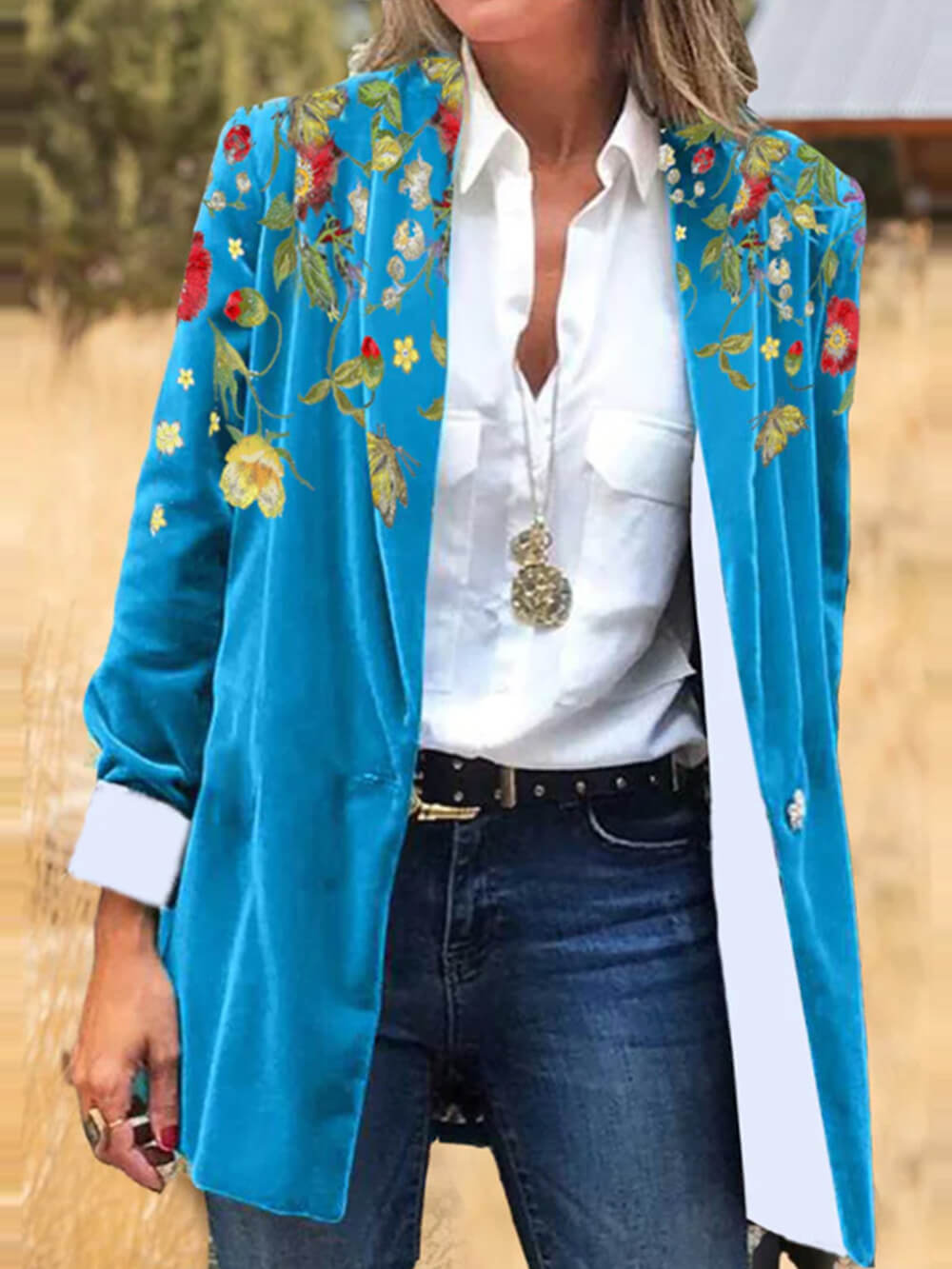 Folk Art Floral Embroidery Corduroy Blazer