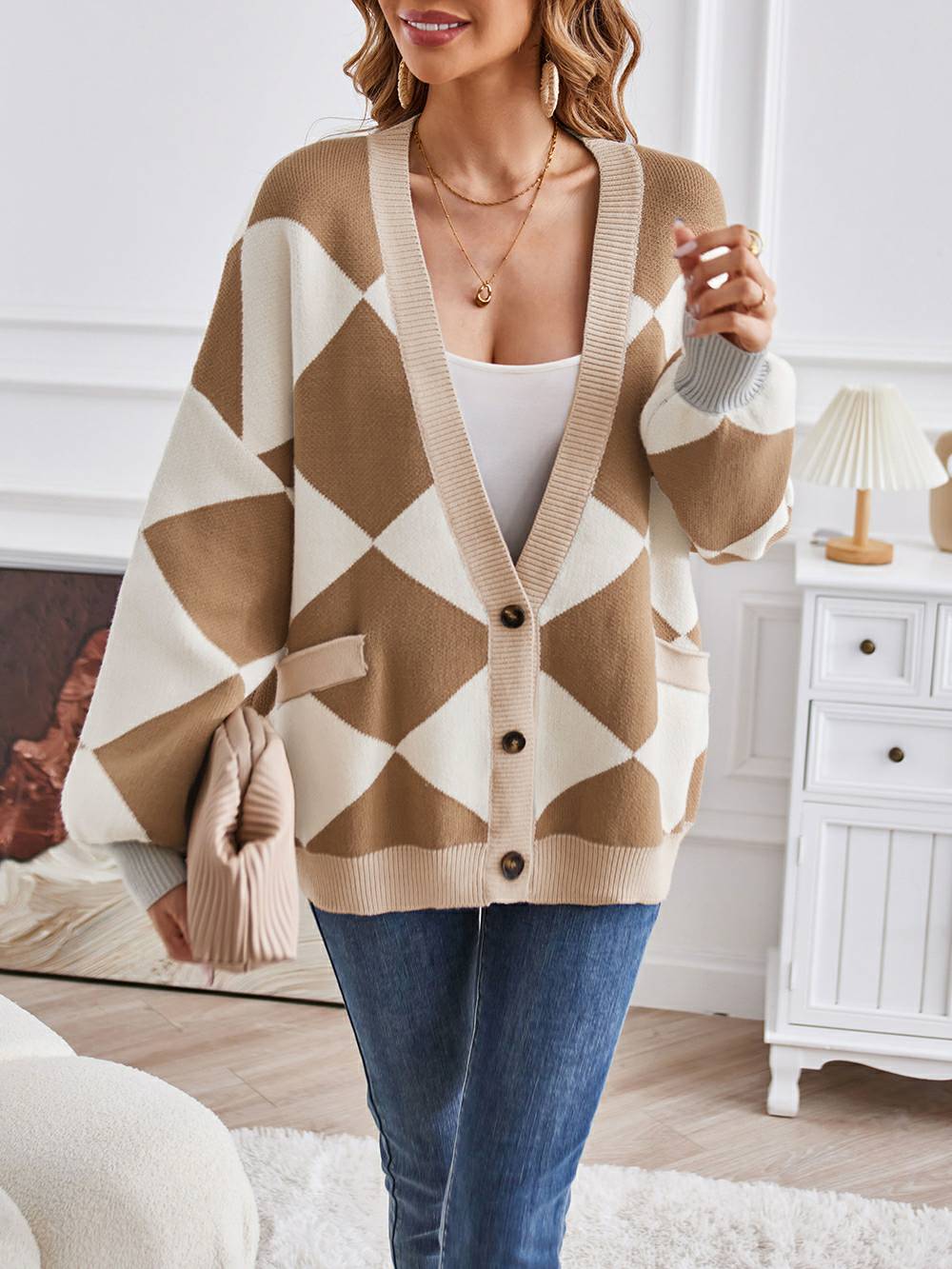 V-Neck Geometric Color Block Knit Cardigan