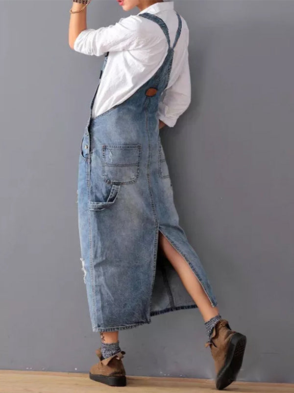 Jean Slit Back Dungaree Dress