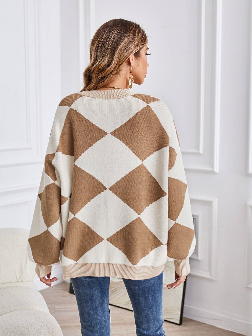 V-Neck Geometric Color Block Knit Cardigan