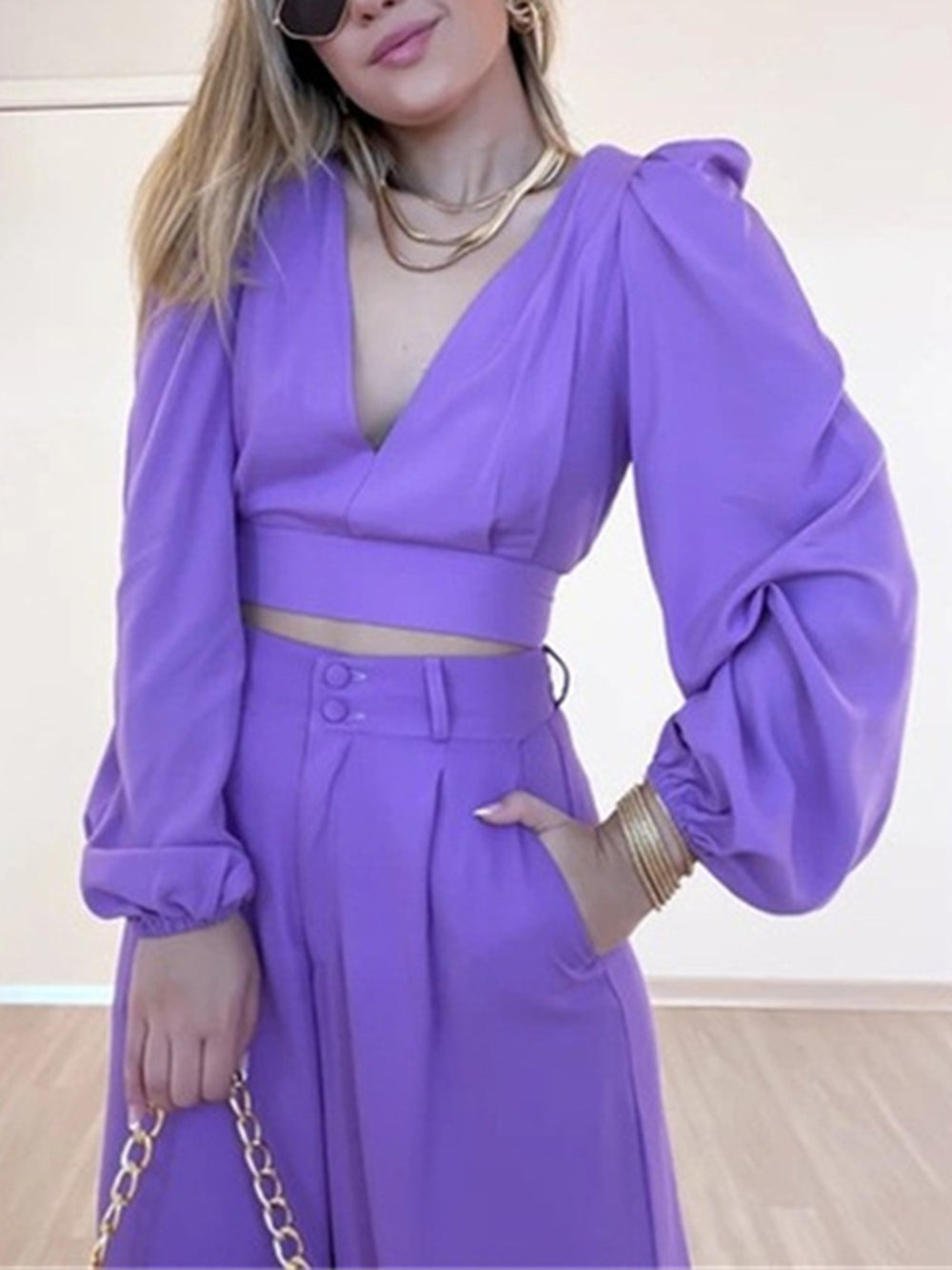 Plunge Neck Top Lavender Pants Set