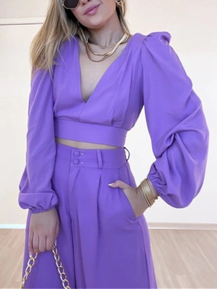 Plunge Neck Top Lavender Pants Set