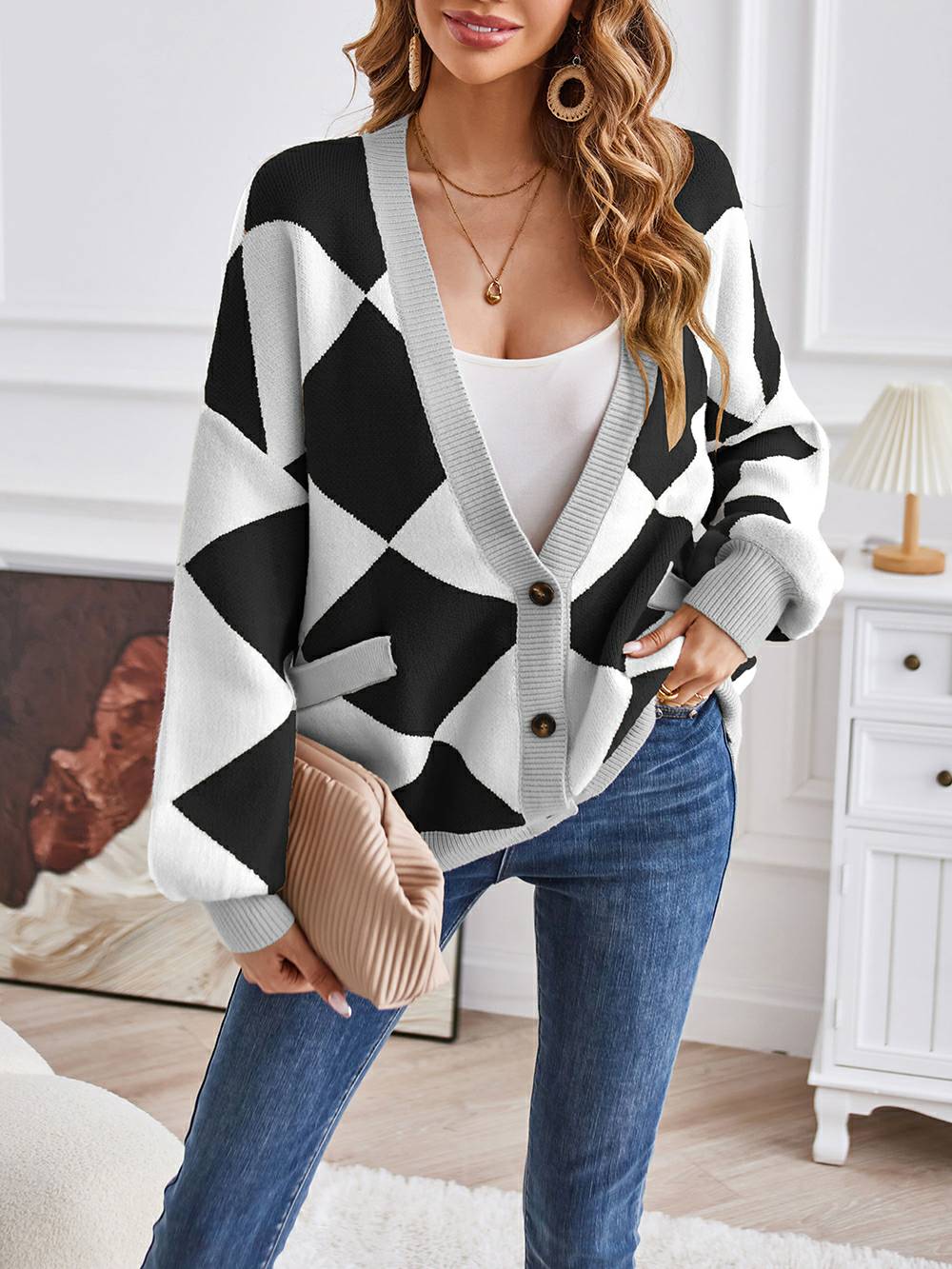 V-Neck Geometric Color Block Knit Cardigan