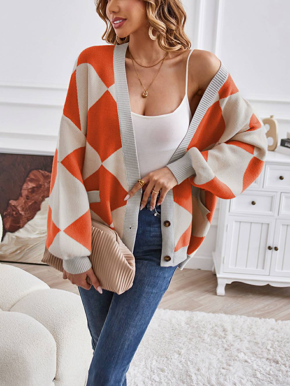 V-Neck Geometric Color Block Knit Cardigan