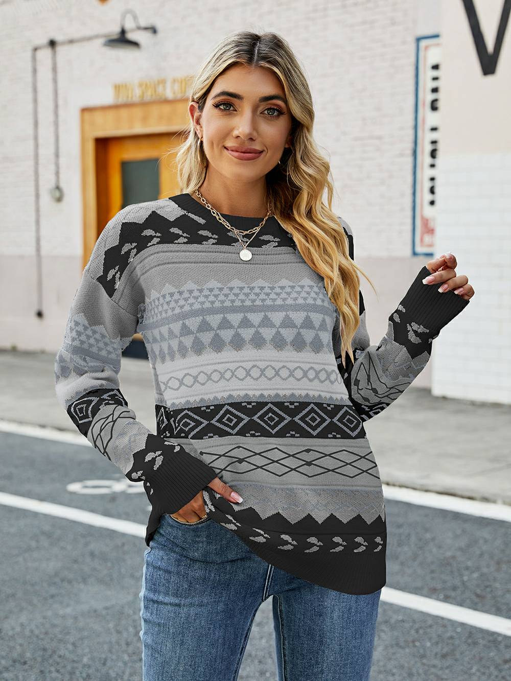 Jacquard Multicolor Patchwork Knit Sweater