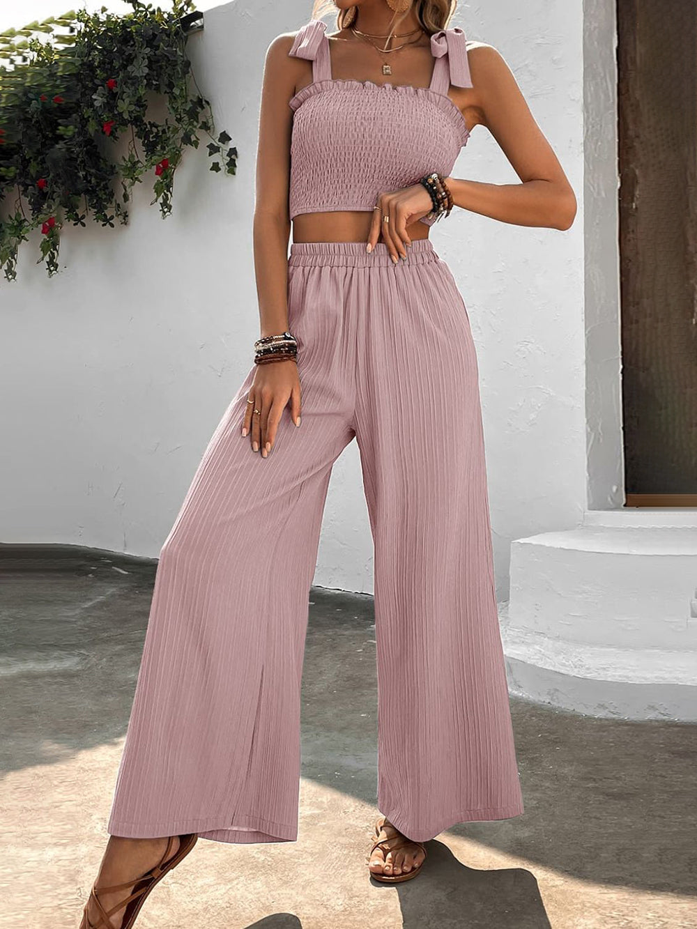 Tie Shoulder Smocked Crop Top and Wide Leg Pants Set