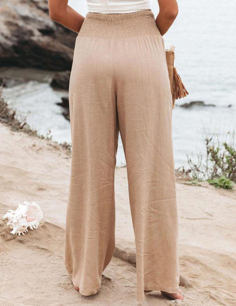 Smocked Waist Side-seam Wide Leg Linen Pants