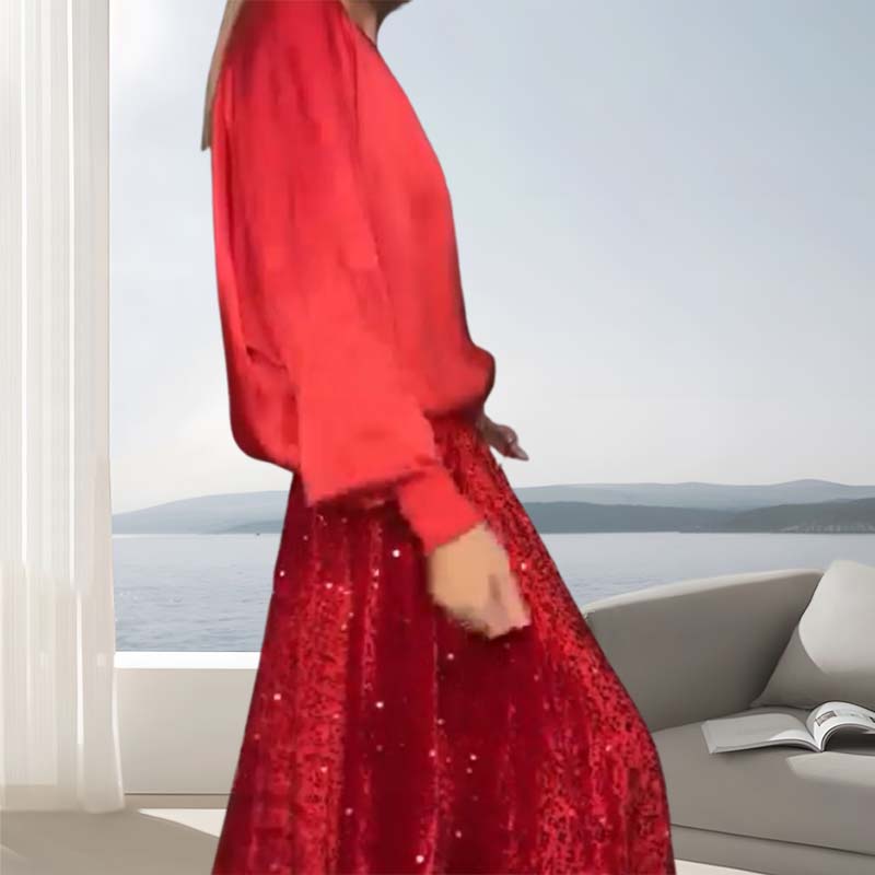 Ladies Long Sleeve Top & Paillettes Maxi Skirt Two-piece Set