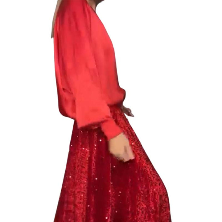 Ladies Long Sleeve Top & Paillettes Maxi Skirt Two-piece Set