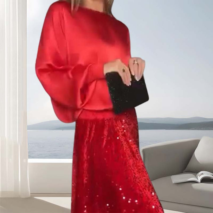 Ladies Long Sleeve Top & Paillettes Maxi Skirt Two-piece Set